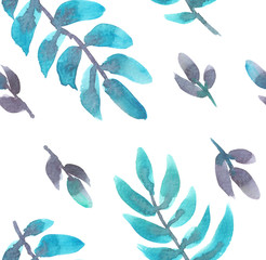 Seamless floral pattern with turquoise blue and pastel purple leaves and branches painted in watercolor on white isolated background