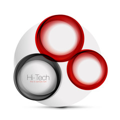 Circle web layout - digital techno spheres - web banner, button or icon with text. Glossy swirl color abstract circle design, hi-tech futuristic symbol with color rings and grey metallic element