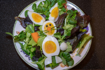 Osterhase aus Eiern auf Salat