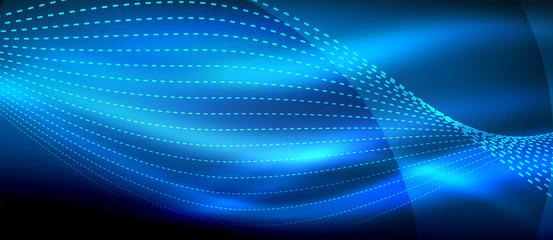 Glowing blue abstract wave on dark, shiny motion, magic space light. Techno abstract background