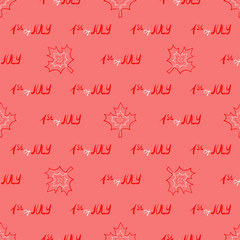 Fototapeta na wymiar Seamless pattern of Canada Day logo with white and red leaves and date on pink background