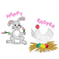 Chicken with eggs and funny easter bunny easter bunny