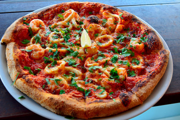 Pizza with shrimps and seafood