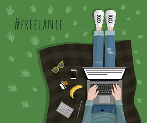 Freelance concept. Student typing on laptop. Work outside. Top view. notebook mobile credit cards glasses banana. Vector illustration.