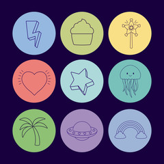 icon set of thunder and cute concept over colorful circles and blue background, vector illustration