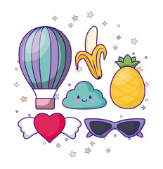 kawaii cloud and cute related icons with stars around over white background, colorful design. vector illustration