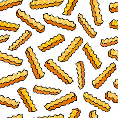 Seamless of French Fries Corrugated Potato Chips.Wave Chip. Snack Pattern.. Fried Potatoes. Corrugated Golden Chips.Fast Food Design. Realistic Hand Drawn Illustration. Savoyar Doodle Style.