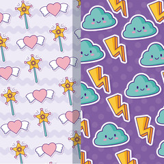 Patterns of kawaii clouds and thunders and magic wands and hearts, colorful design. vector illustration