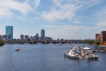 Fototapeta na wymiar View of the Boston and the Charles River. Tour boat on the Charles River, Boston