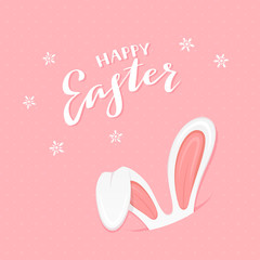 Pink background with rabbit ears and text Happy Easter