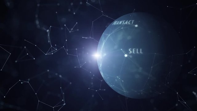 Conceptual business words with artistic lines and dots movement on blue rotating cyberspace sphere with sunlight. 