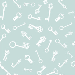 Seamless monochrome abstract pattern. Vintage keys on a white background. Printing with in hand drawn style. Background for textile, manufacturing, book covers, wallpapers, print or gift wrap.
