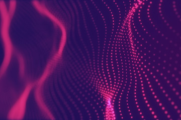 Abstract violet cg wave texture with glowing defocused particles. Cyber or technology digital landscape background. 3d rendering