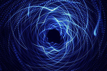 Abstract technology neon lines spiral tunnel. Blue geometric concstruciton. Dynamic background for project - obrazy, fototapety, plakaty