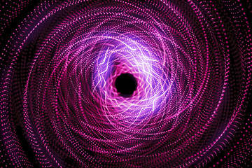 Abstract technology neon lines spiral tunnel. Pink geometric concstruciton. Dynamic background for project - obrazy, fototapety, plakaty