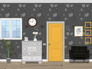 Interior of the room with a window, stool and an entrance door. Illustration of the room. Illustration of a chest of drawers with popular social media icons