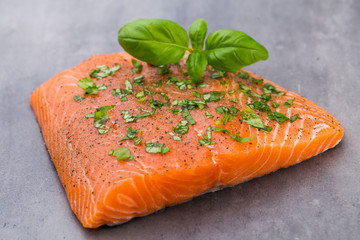 Fresh salmon fille with spice on the grey background.