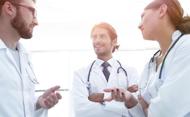 Group of medicine doctors talking during conference, bottom view