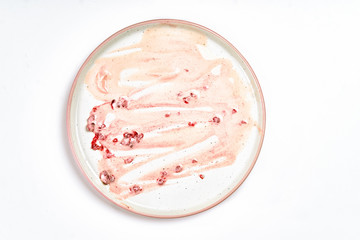Top view of dirty plate with ice cream stains and fat