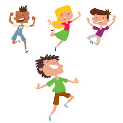 Happy children in different positions big vector jumping cheerful child group and funny cartoon kids joyful team laughing little people characters.