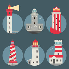 Lighthouses vector flat searchlight towers for maritime navigation guidance ocean beacon light safety security symbol illustration.