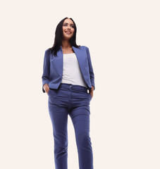 Obraz premium Modern business woman smiling and standing over a white backgrou
