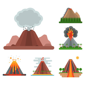 Volcano magma vector nature blowing up with smoke crater volcanic mountain hot natural eruption earthquake illustration.