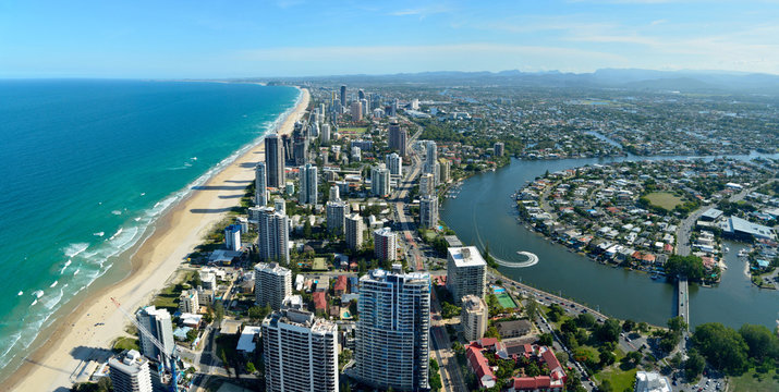 View over Surfers Paradise and Nerang river in Queensland, Austr