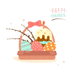 Colorful sweet Happy Easter greeting card. Vector image of Easter symbols. A painted egg, a nest of the Easter bunny. An opening, an illustration for a spring theme