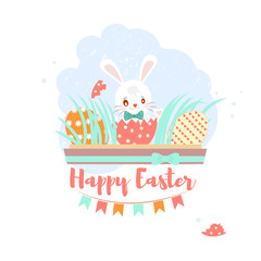 Colorful sweet Happy Easter greeting card with banny, rabbit, eggs and cake. Template for banner, postcard or sticker, design element. Vector illustration