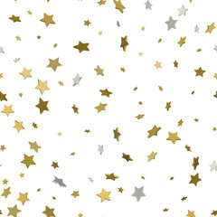 Abstract white modern seamless pattern with gold stars. Vector illustration.Shiny background. Texture of gold foil.