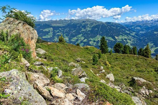 Austrian summer mountain landscape of the Zillertal High Alpine Road. Austria, Tyrol, Zillertal, Zillertal Valley.
