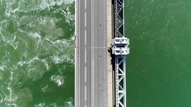 Aerial top down view of Eastern Scheldt storm surge barrier in Dutch Oosterscheldekering the largest of 13 ambitious Delta Works series of dams and storm surge barriers designed to protect Netherlands