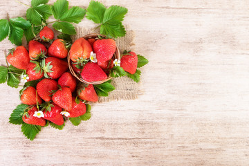 Fresh bright tasty strawberry close-up.Text space, top view.