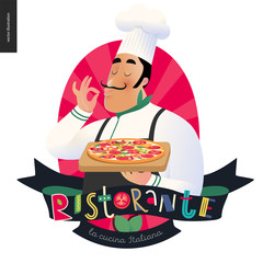Italian restaurant set - italian restaurant logo with a cook enjoing the pizza smell and lettering Restaurant in Italian, cartoon character