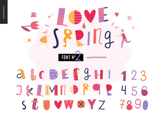 Kids flat alphabet set - Love spring latin font - letters and digits