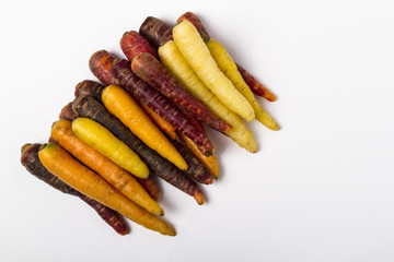 Multi-colored carrots on a white background