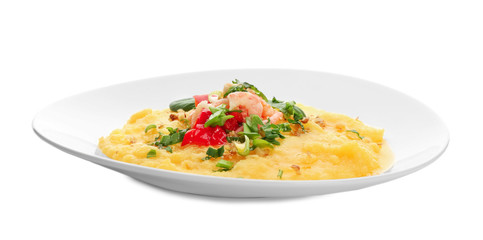 Plate with tasty shrimps and grits on white background