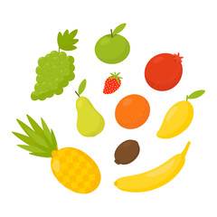 Fototapeta na wymiar Sweet juicy apple, banana, pear, pineapple, pomegranate, strawberry, orange, kiwi, grape, mango isolated on white background