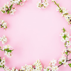 Obraz na płótnie Canvas Floral frame with spring flowers isolated on pink background. Flat lay, top view. Spring time background.