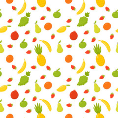 Sweet juicy apple, banana, pear, pineapple, pomegranate, strawberry, orange, kiwi, grape, mango isolated on white background