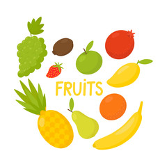 Sweet juicy apple, banana, pear, pineapple, pomegranate, strawberry, orange, kiwi, grape, mango isolated on white background