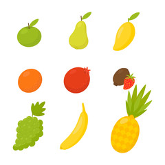 Sweet juicy apple, banana, pear, pineapple, pomegranate, strawberry, orange, kiwi, grape, mango isolated on white background