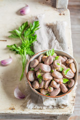Fresh broad beans with garlic and parsley