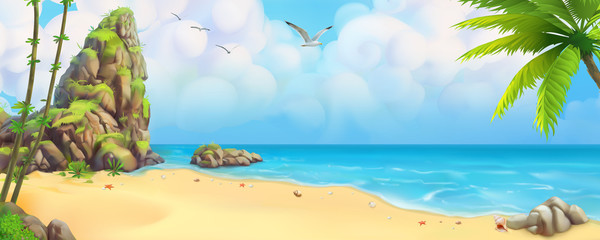 Sea panorama. Bay, tropical beach. Vector background