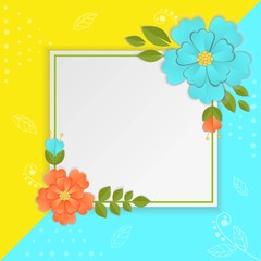 paper flowers and leaves on bright background and frame 