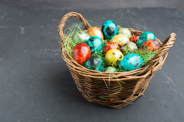 Colorful quail Easter eggs in the basket