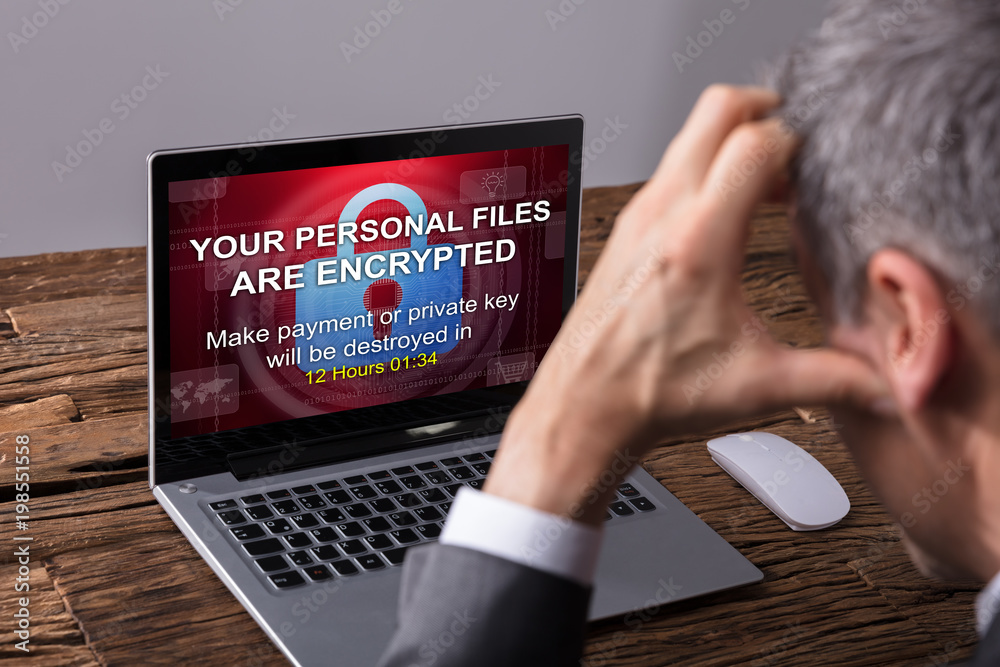 Poster looking at laptop screen showing personal files encrypted text