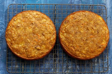 Freshly made Carrot Cake on cooling rack without frosting,top view