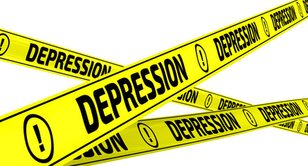 Depression. Yellow warning tapes with inscription DEPRESSION on the white surface. Isolated. 3D Illustration